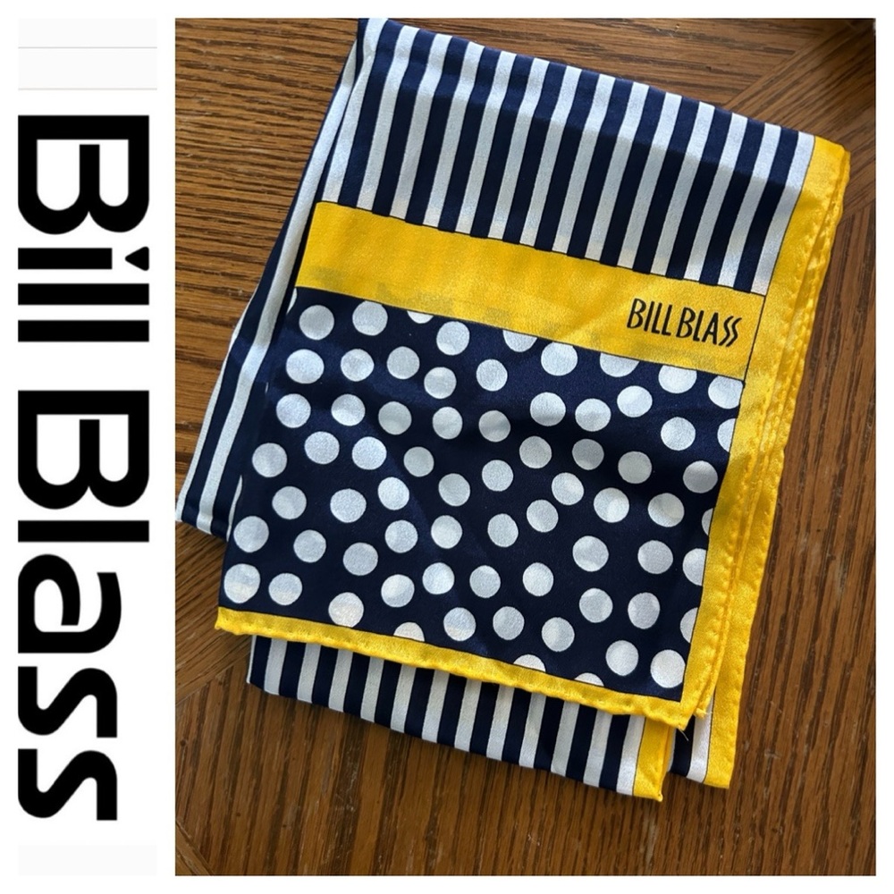 Vintage BILL BLASS Blue & Yellow Striped and Polka Dot Silk Scarf - Picture 2 of 12